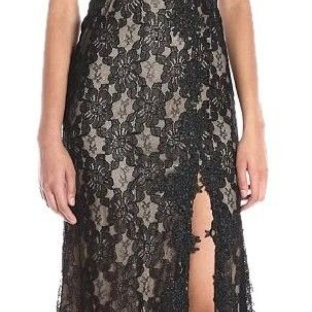 Avery G Long Lace Side Slit Black/Nude Gown - Picture 3 of 6